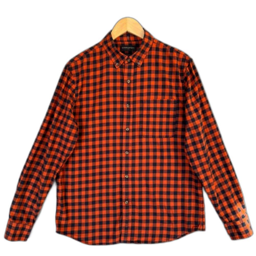 Banana Republic Untucked Fit Orange Blue Plaid Flannel Shirt Men’s Size S Cotton